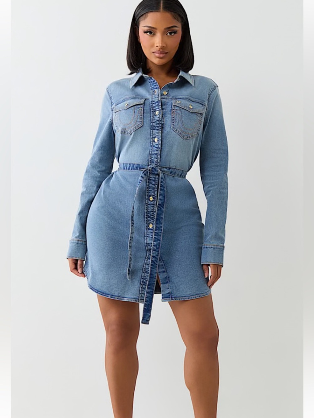 True Religion Light Blue Denim Shirt Dress with Chest Pockets NWT